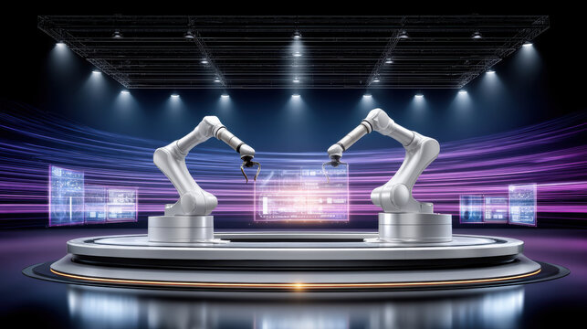 High tech industrial robotic arm on stage with glowing interface and motion trails conveying innovation and precision in modern manufacturing