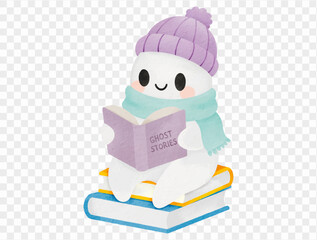Cozy ghost reading book watercolor spooky Halloween illustration Vector.
