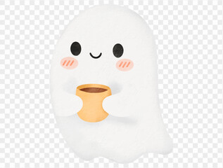 Cute ghost with mug watercolor spooky Halloween illustration Vector.