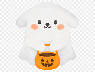 Cute ghost with pumpkin bucket spooky Halloween illustration Vector.