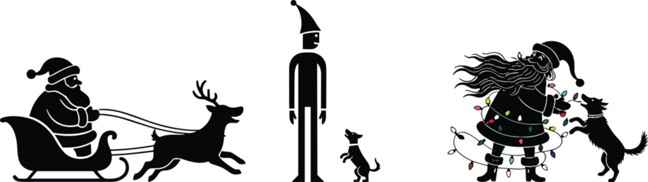 Santa Claus, elf, and festive woman with dog illustration set, Christmas silhouette scenes, black vector art, holiday celebration concept, seasonal character design