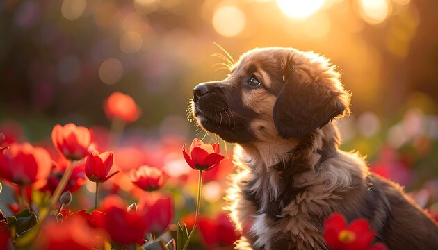 A fluffy puppy gazes upwards, framed by vibrant red tulips and golden sunlight