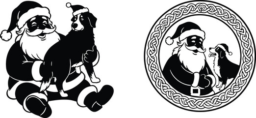 Santa Claus with dog illustration set, affectionate holiday scenes, black and white vector art, Christmas companion concept, Celtic frame design, festive silhouette collection