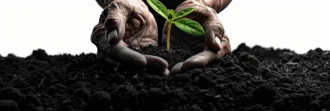Plant in hands, young sprout, new plant growing in soil, organic farming, environment care, earth day