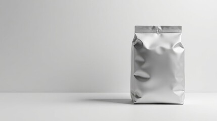 A Shiny Silver Foil Pouch Stands on a Plain White Surface Against a Simple Background