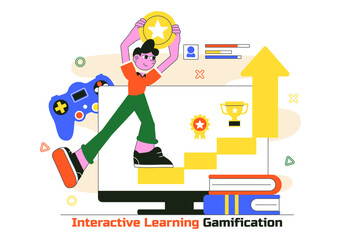 Interactive Learning Gamification Vector Illustration Featuring LMS Interface with Tablet, Book, Game Controller, and Lab Flask in a Flat Background