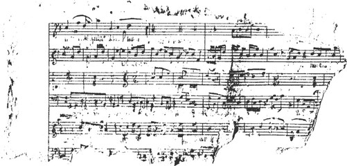 Black and white image of a torn sheet of music with handwritten notes and symbols. © appl