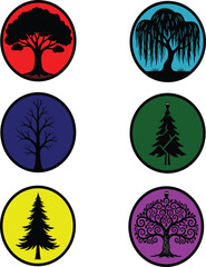 Obraz premium Colorful tree icon set with silhouette designs, seasonal nature concept, circular botanical illustrations, black vector trees on vibrant backgrounds, symbolic environment theme for stock