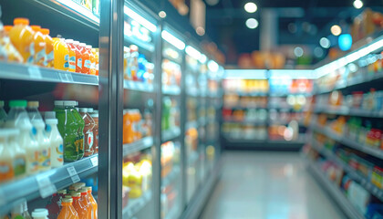 Blurred background of supermarket refrigerator with assorted food products on glass shelves