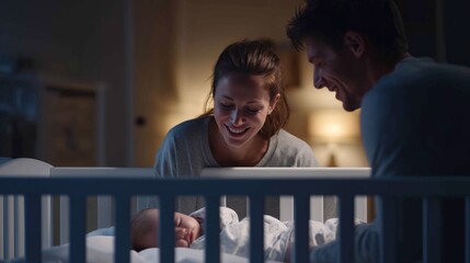 Young parents lovingly watching over their baby sleeping safely on their back in a crib. Sudden Infant Death Syndrome (SIDS) Awareness Month  SIDS Awareness Month