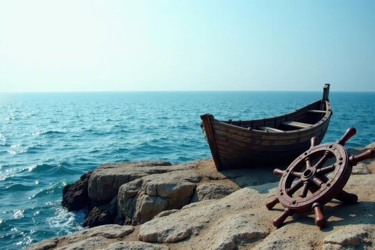 Wooden rowboat and ship's wheel resting on rocky shoreline near tranquil ocean - Powered by Adobe