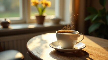 Obraz premium Warm Morning Coffee Enjoyment A steaming cup of coffee rests on a wooden table, bathed in sunlight streaming through a window, creating a peaceful and inviting atmosphere.