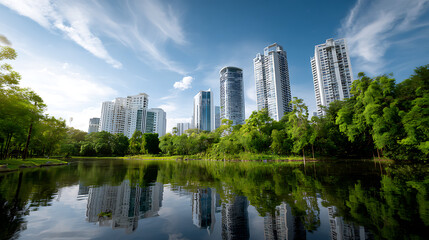 Lush Green Park With Reflective Pond And Modern City Skyline In The Background Under A Clear Blue Sky