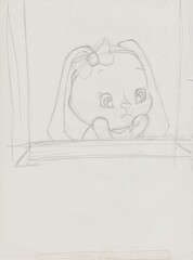 Charming pencil sketch of a bunny looking out a window in a simple, childish style. Minimalist outline perfect for coloring, painting, or cozy storytelling art.
