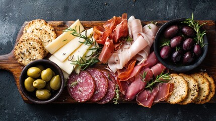 Gourmet charcuterie board with cured meats cheese olives nuts bread fresh herbs and vegetables ideal for snacking entertaining and social gathes