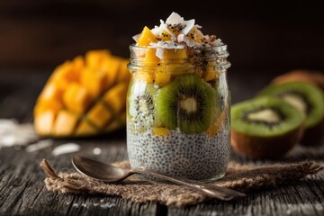 Fresh healthy chia pudding jar topped with chopped fruits and coconut flakes with kiwi mango and caramelized banana on rustic background