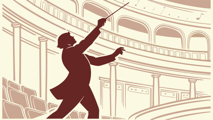 Professional Conductor Directing Orchestra in Grand Concert Hall. Artistic Leadership, Music Performance, Cultural Event Promotion