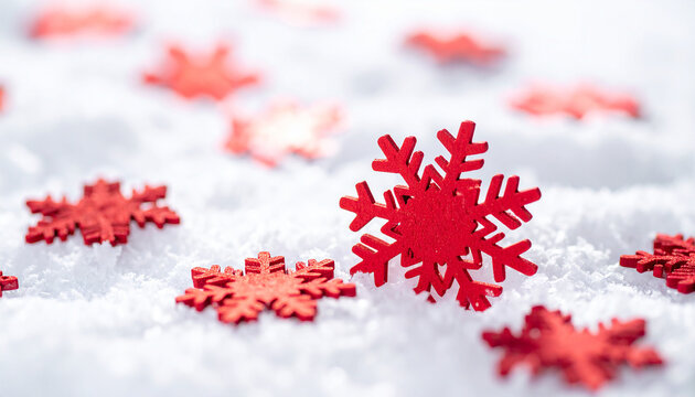 Bright red snowflakes scattered on fresh white snow, festive Christmas and New Year decor