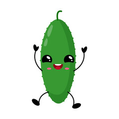 Happy fresh cucumber kawaii character jumping with joy