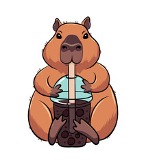 Sticker, drawing of a capybara drinking a coffee beverage