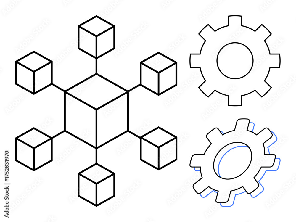 Wall mural geometric network of eight cubes connected in a hub-and-spoke pattern with two gears symbolizing tea