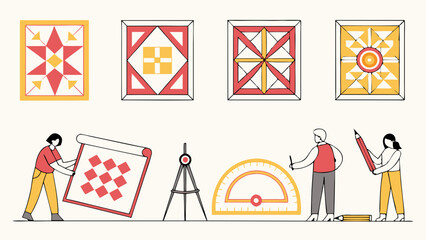 People Designing Geometric Quilt Patterns and Architectural Blueprints. Using Drafting Tools for Creative Crafting, Education, and Precision Planning
