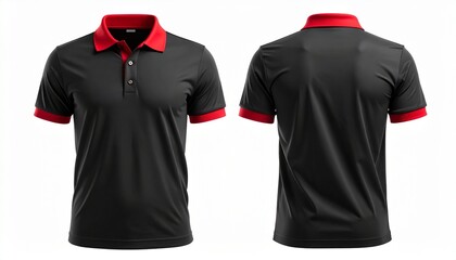 Front and back view of a black polo shirt with red collar and cuffs, isolated on white background of mockup
