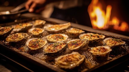 Chef Broiling Oysters with Miso Butter on a Tray