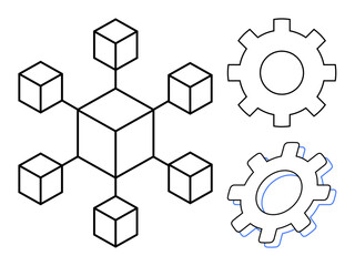 Geometric network of eight cubes connected in a hub-and-spoke pattern with two gears symbolizing teamwork and process efficiency. Ideal for innovation, process management, mechanics, strategy