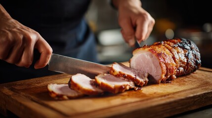Chef Slicing Smoked Pork Loin on Wooden Cutting Board in Kitchen