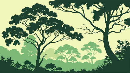 Obraz premium Lush Green Forest Silhouette Layered Landscape. Tranquil Nature Background for Environmental Campaigns, Web Design, Travel, and Wellness Promotions.