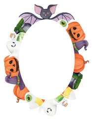 Cute Halloween watercolor illustration of an oval frame decorated with a Jack-o’-lantern, ghost, bat, witch hat, and potion cauldron. Perfect for cards, invitations, decorations, and seasonal designs.