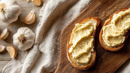 Fototapeta premium Fresh Roasted Garlic Spread on Rustic Bread with Garlic Cloves