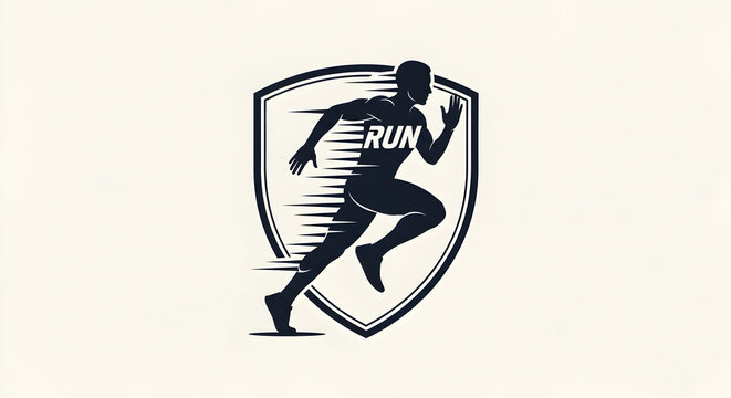 Dynamic silhouette of a runner in motion, embodying speed and athletic achievement within a shield emblem.