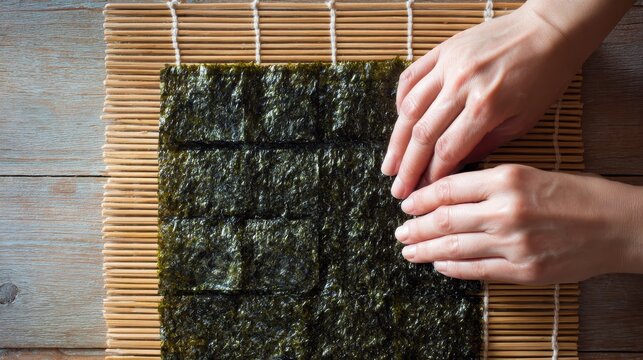 Hand Trimming Nori on Bamboo Board for Onigirazu Preparation - Powered by Adobe
