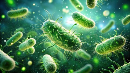 Fototapeta premium Microscopic View of Rod-Shaped Bacteria in a Vibrant Green Environment, Illustrating Cellular Structures and their Complex Interactions