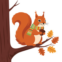 Fototapeta premium A smug squirrel in a vibrant knitted autumn scarf proudly holds a prized nut on a tree branch, depicted in a charming flat 2D vector illustration with clean outlines and a white background.