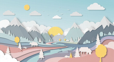 A beautiful paper-cut style landscape illustration featuring mountains, pine trees, and river under a bright sky. layered in a 3D paper cut design