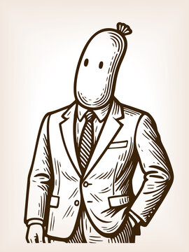 person with a sausage-shaped head wearing a formal suit, blending comedy with surreal design sketch engraving generative ai fictional character raster illustration. Scratch board. Black and white.