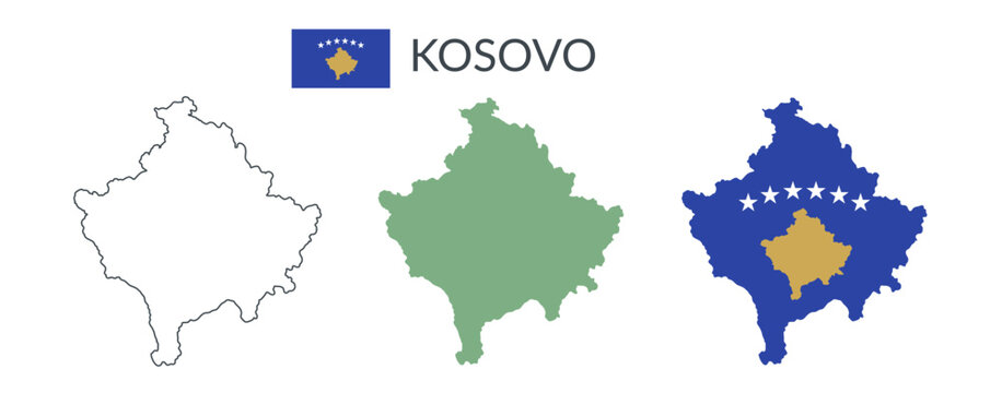 Kosovo geographical borders isolated on white background. Flag of Kosovo. Vector flat cliparts.