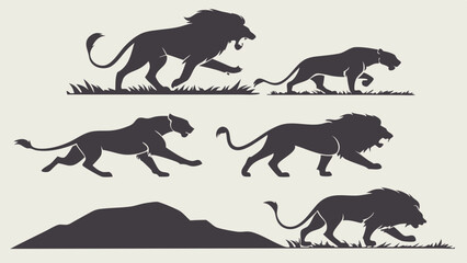 Powerful Lion and Lioness Silhouettes Running Walking Stalking Dynamic Vector Illustrations for Sports Logos Branding Wildlife Design and Business Strength