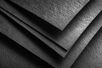 Close-up shows two textured, dark gray slate tiles overlapping each other, creating a diagonal division between the two surfaces