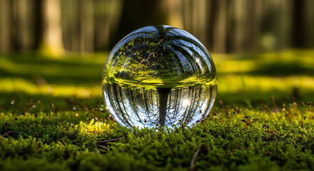 A clear crystal ball resting on vibrant green moss reflects an inverted image of a sunlit forest.