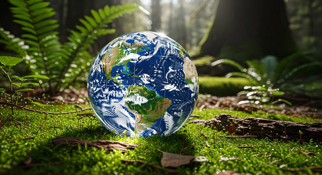 Planet Earth globe resting on a lush, sunlit mossy forest floor, symbolizing environmental care and conservation.