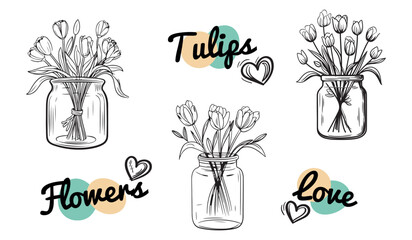 Design Set Of Tulip Bouquets In Glass Jar - Vector Illustrations Isolated On White Background