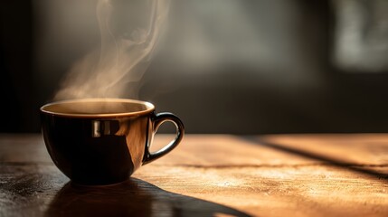 Dark ceramic cup of hot steaming coffee on a wooden table.