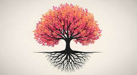 Stylized tree of life illustration with a vibrant red and orange canopy and a complex black root system.