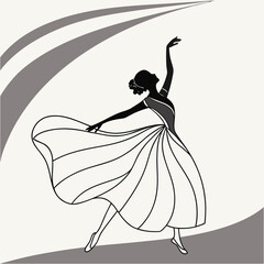 Elegant silhouette of a ballerina in a flowing dress performing a graceful ballet pose with a stylized background © Bf