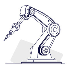 Industrial robotic arm in a clean line art style with a subtle grey background element suggesting a workspace or platform