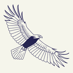 Majestic dark blue line art eagle soaring with wide open wings against a light cream background symbolizing freedom and power